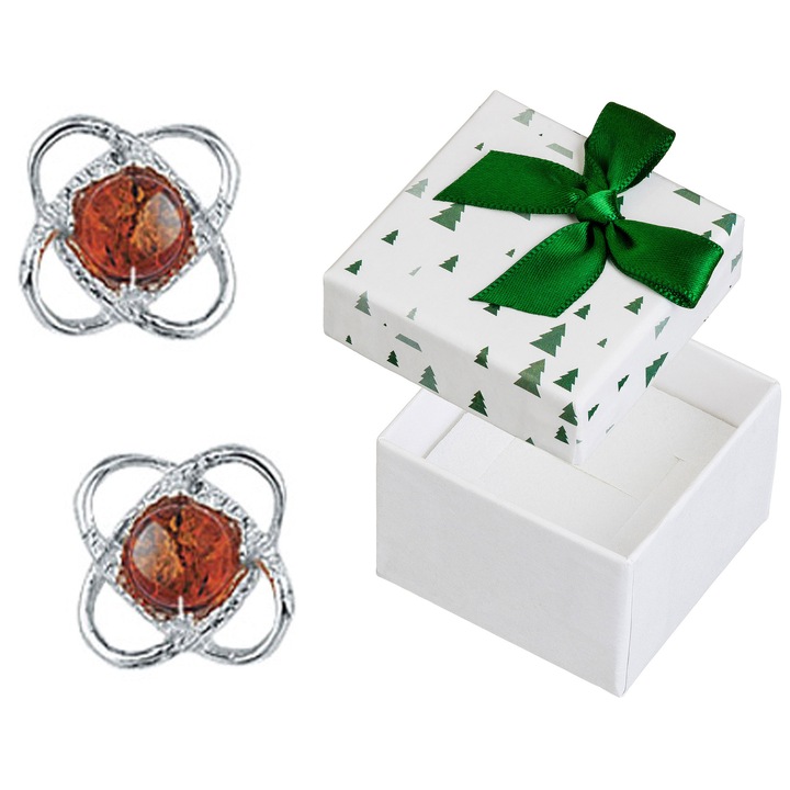 Cercei din argint cu chihlimbar, Siju, 4mm, 10x10mm, set cu cutie de cadou