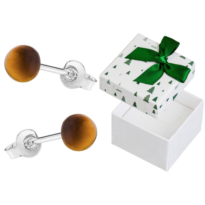 Cercei din argint Siju cu ochi de tigru, 6mm, set cu cutie cadou