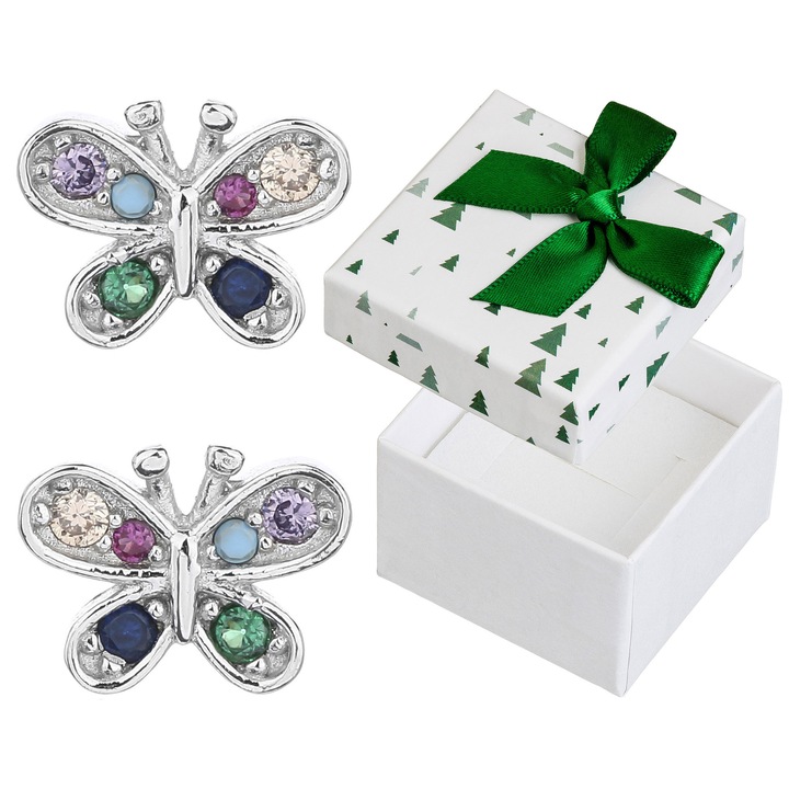 Cercei Siju Motive de Fluturi cu Zirconii Multicolori, Argint 925, 6x8mm, Set cu Cutie Cadou