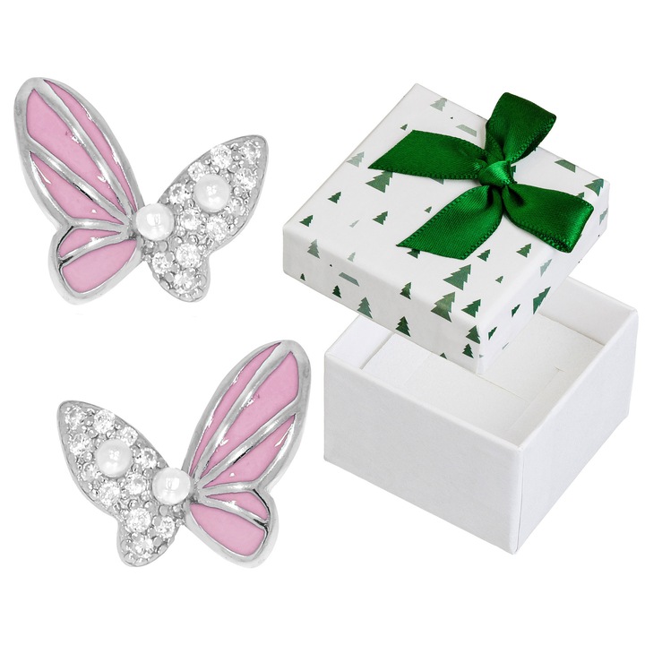 Cercei argintii motil cu perla si zirconii, Siju, rodinati, 10x9mm, set cu cutie de cadou