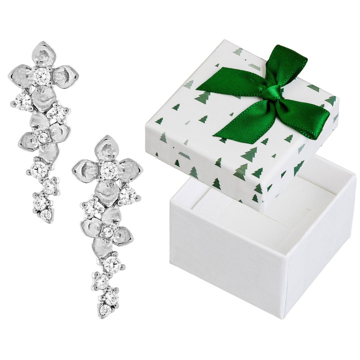 Cercei Siju, model P4K1526, flori, argint 925 rodiat, 18x7mm, set cu cutie cadou