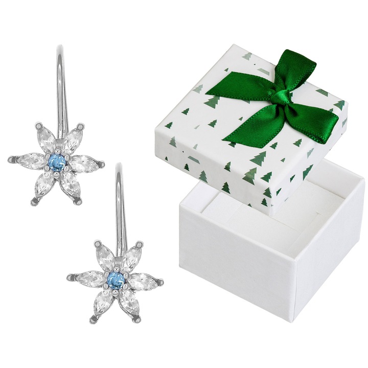 Cercei din argint 925 cu flori, Siju, cu zirconii albastre, set cu cutie cadou, 15x9mm