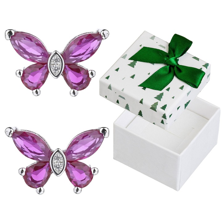 Cercei argintii motan cu zirconii roz, Siju, 9x13mm, set cu cutie cadou
