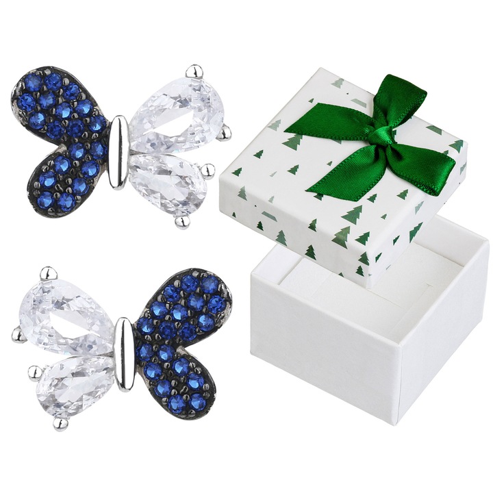 Cercei argintii motan cu zirconii albastre, set cu cutie cadou, Siju, 925, 9x12mm
