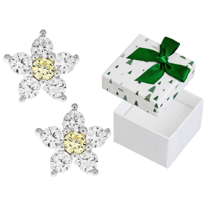 Cercei Siju, flori cu zirconii, argint 925 rodiat, 7x7mm, set cu cutie cadou