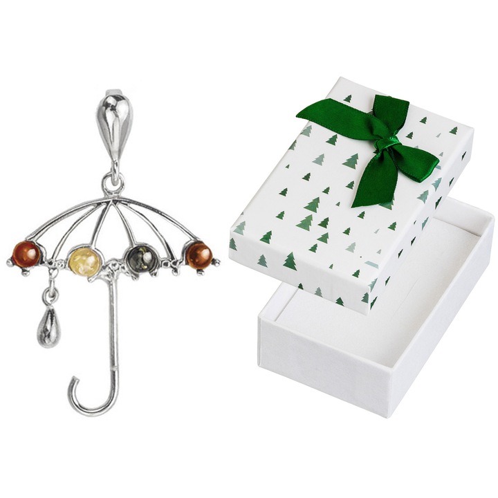 Pandantiv argintiu cu forma de umbrela si chihlimbar, set cu cutie cadou, Siju, 37x24mm