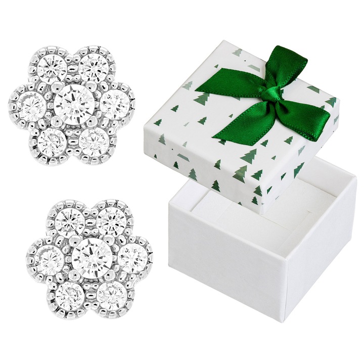 Cercei Siju, flori cu zirconii, argint 925, rodie, 8x8mm, set cu cutie cadou