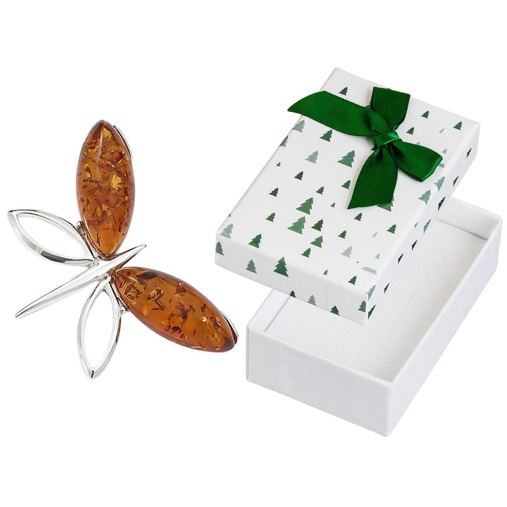 Pandantiv argintiu in forma de fluture cu chihlimbar, set cu cutie cadou, Siju, 925, 36x33mm