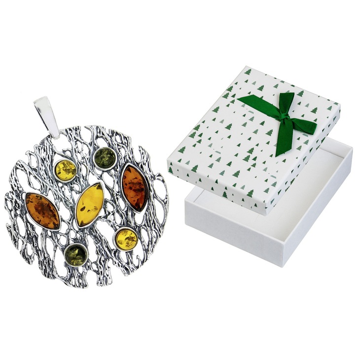 Pandantiv mare din argint oxidat cu ambra, set cu cutie de cadou, 51x43mm