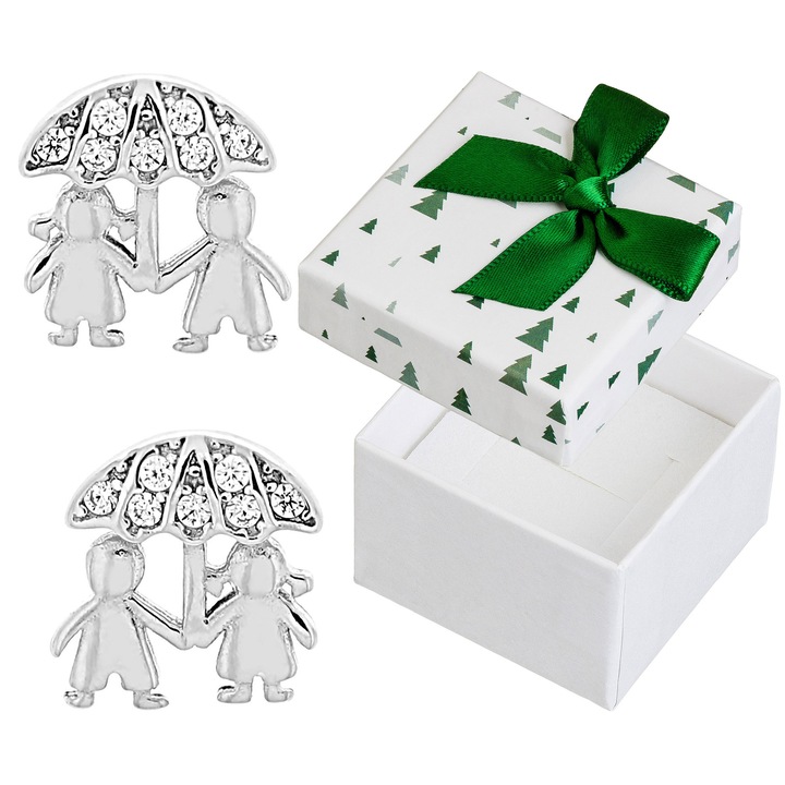 Cercei din argint cu zirconii, Siju, rodiati, 14 pietre, 8x8mm, set cu cutie cadou