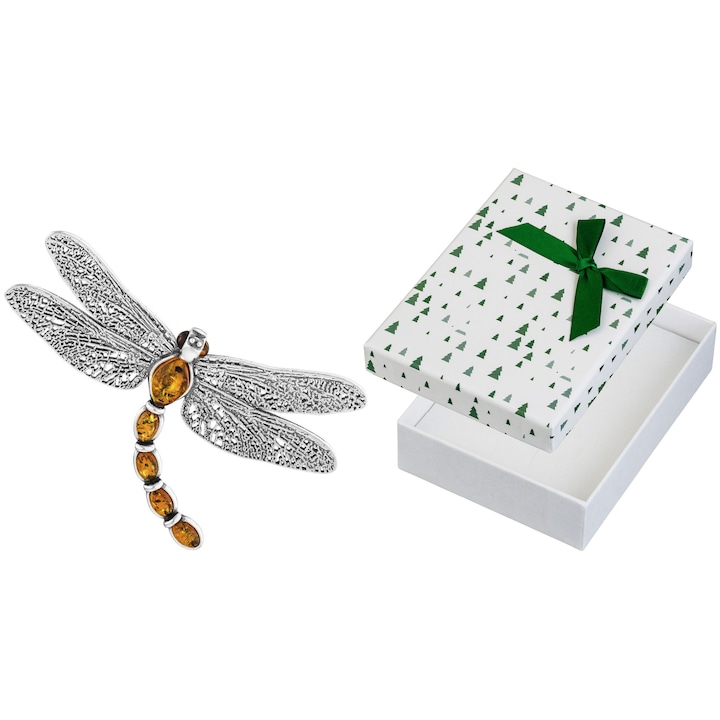 Pandantiv mare din argint oxidat cu chihlimbar, model libelula, set cu cutie cadou, 35x55mm