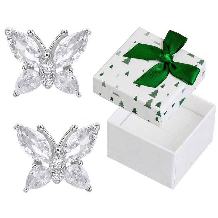 Cercei argintii motil cu zirconii, Siju, rodiati, 10x12mm, set cu cutie cadou