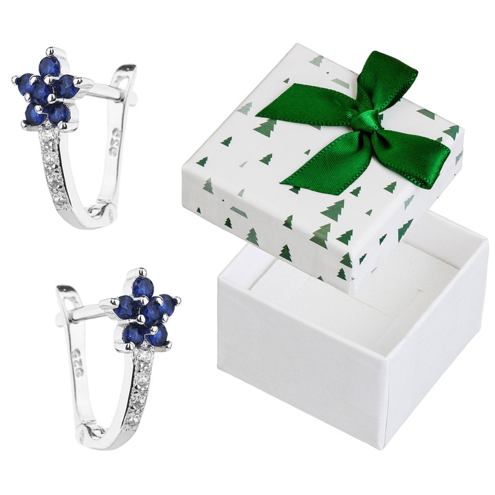 Cercei din argint cu pietre, Siju, flori, 13x6mm, set cu cutie cadou