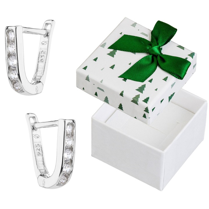 Cercei din argint cu zirconii, Siju, rodinati, 10mm x 2,5mm, set cu cutie de cadou