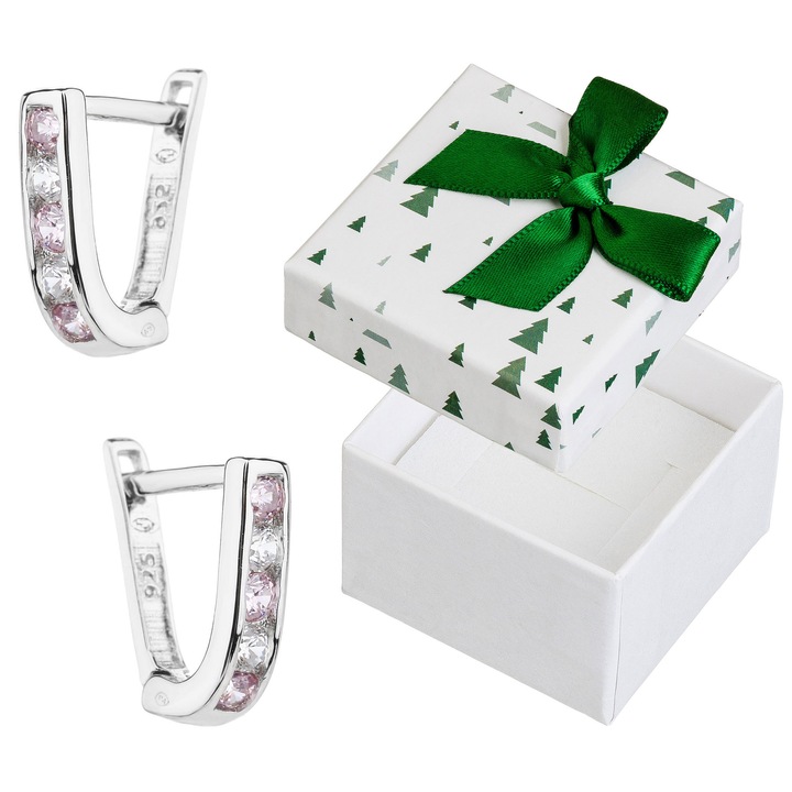 Cercei din argint 925 cu pietre roz, rodinati, set cu cutie de cadou
