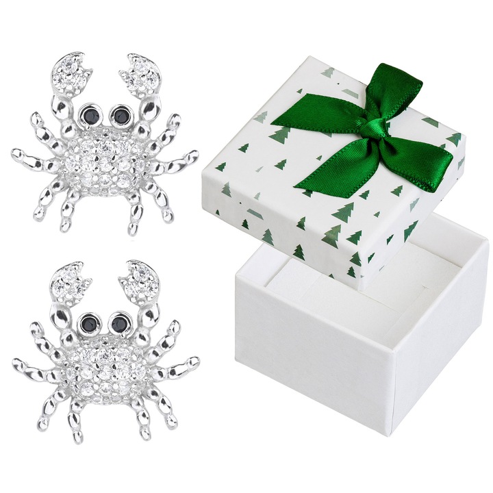 Cercei Siju Crab cu zirconii, argint 925, rodiat, 12x12mm, set cu cutie cadou