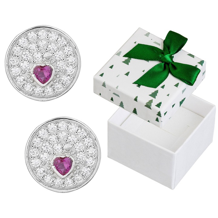 Cercei din argint cu inimi roz, 8mm, set cu cutie cadou, Siju