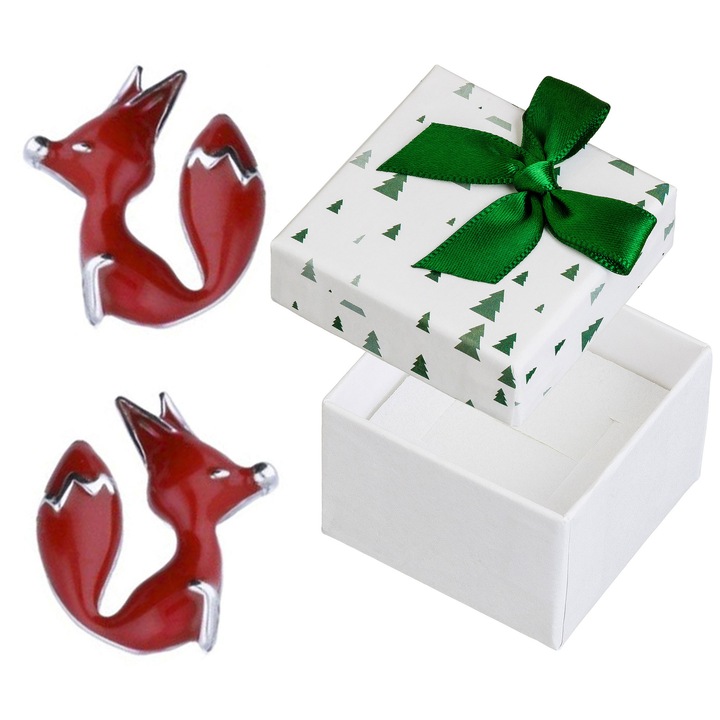 Cercei argintii Siju, model lupi, rodiati, emalia rosie, 13x11mm, set cu cutie cadou