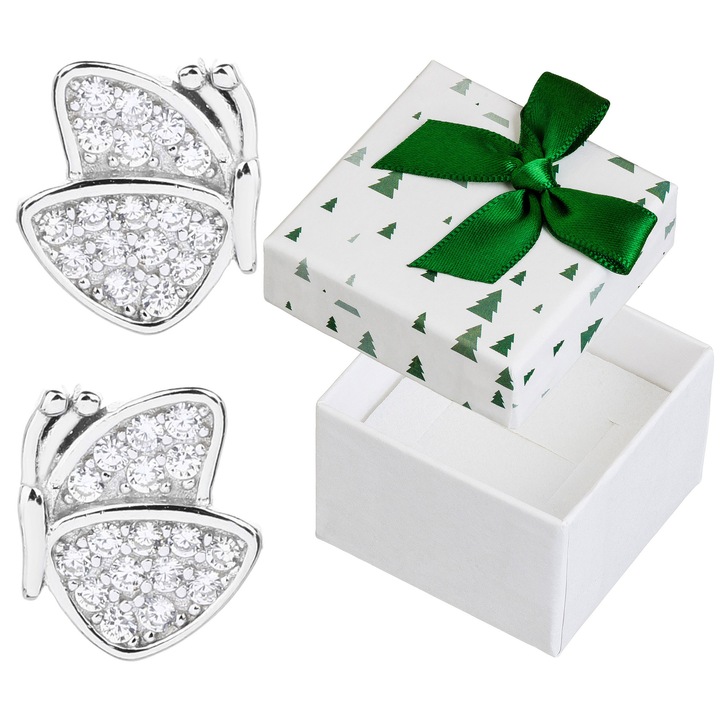 Cercei argintii motil cu zirconii, Siju, 8x7mm, set cu cutie cadou