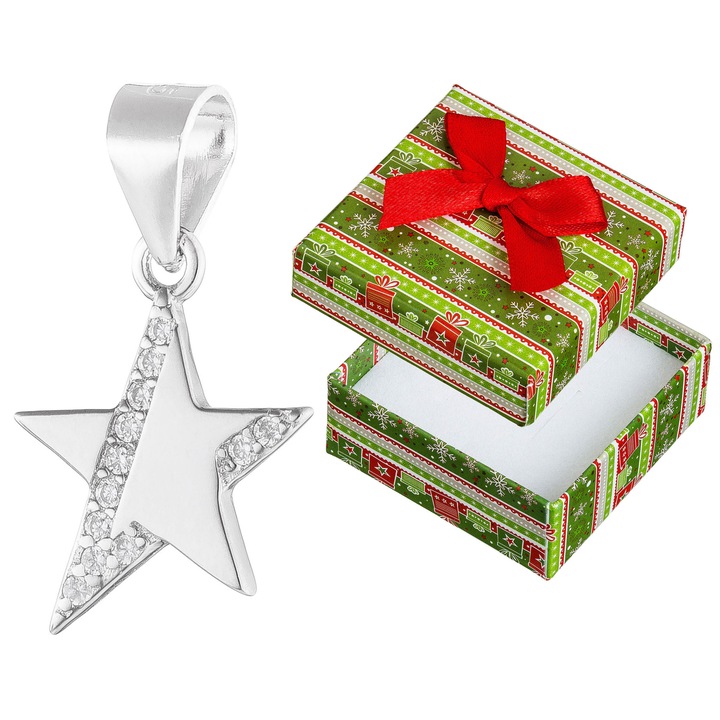 Pandantiv argintiu stea cu cyrkonii, Siju, 925, 19x11mm, set cu cutie de cadou