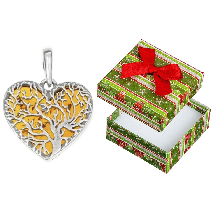 Pandantiv argintiu cu chihlimbar in forma de inima, Siju, set cu cutie cadou, 35mm x 29mm