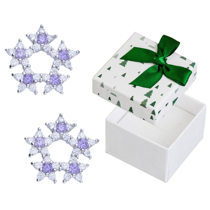 Cercei din argint cu cyrconii, Siju, flori mov, 10x11mm, set cu cutie de cadou