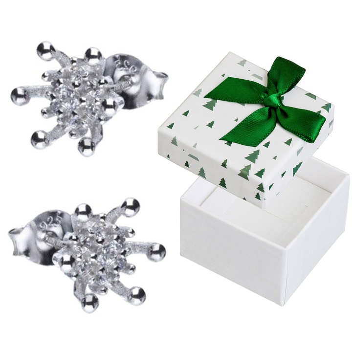 Cercei Siju, flori cu pietre, argint 925, rodinat, 10x8mm, set cu cutie cadou