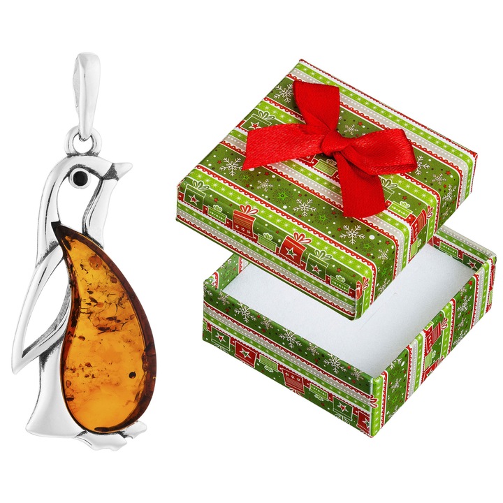 Pandantiv argintiu in forma de pingvin cu chihlimbar si cyrkonia, set cu cutie de cadou, 925