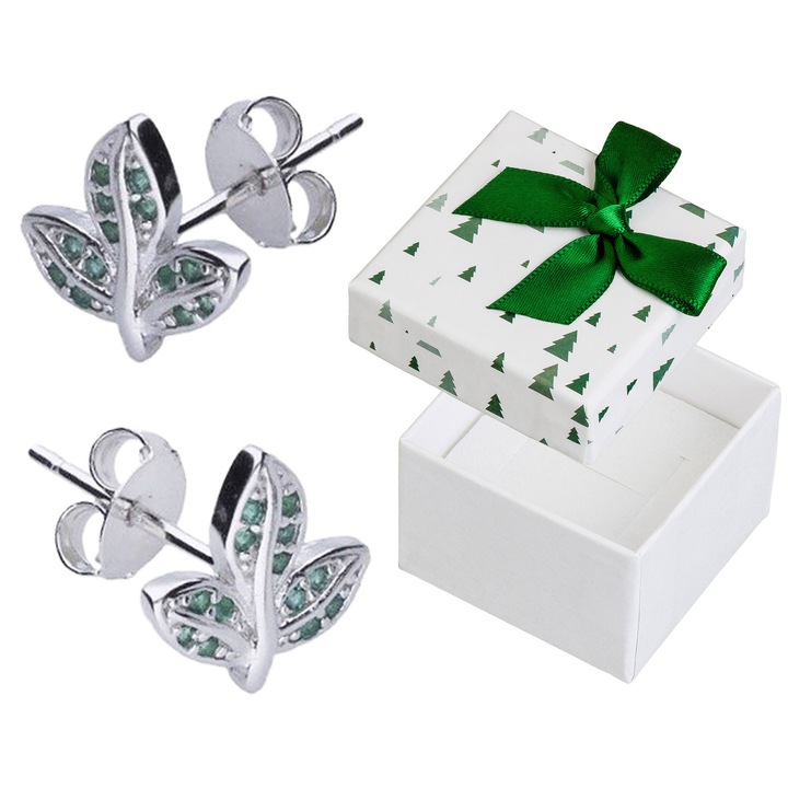 Cercei din argint cu ciroanii verzi, model frunze, Siju, 10x10mm, set cu cutie de cadou