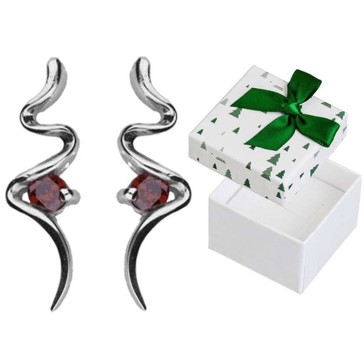 Cercei argintii cu ciorchini rosii, Siju, 925, rodinati, set cu cutie de cadou