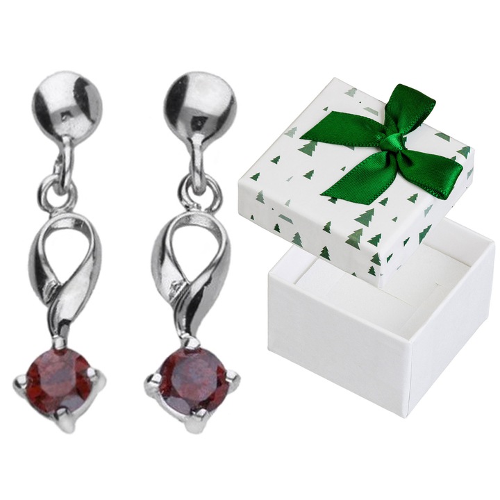Cercei argintii cu pietre rosii, Siju, 925, 20x5mm, set cu cutie de cadou