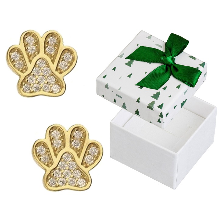 Cercei pozlati in forma de labuta de caine cu cyrconii, Siju, set cu cutie cadou, argint 925, 9x9,5mm