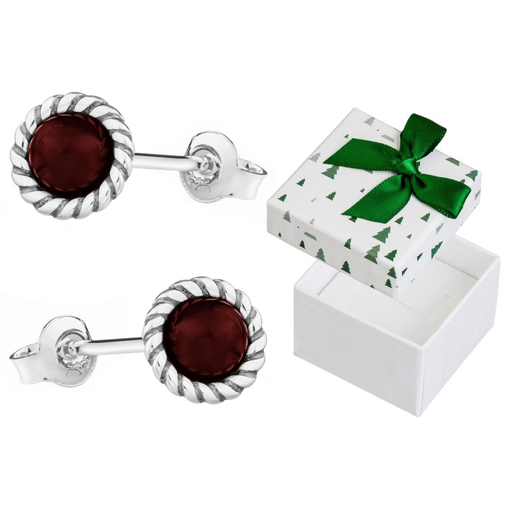 Cercei din argint cu chihlimbar visiniu, 8mm, set cu cutie cadou, Siju