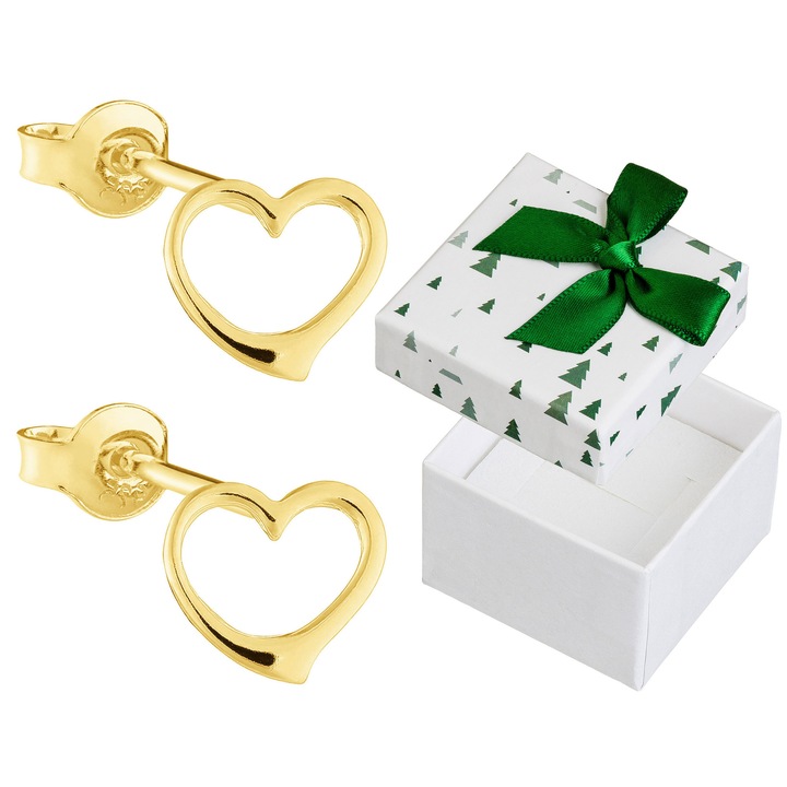 Cercei argintii pozlati in forma de inimioare, Siju, set cu cutie cadou, 8x9mm