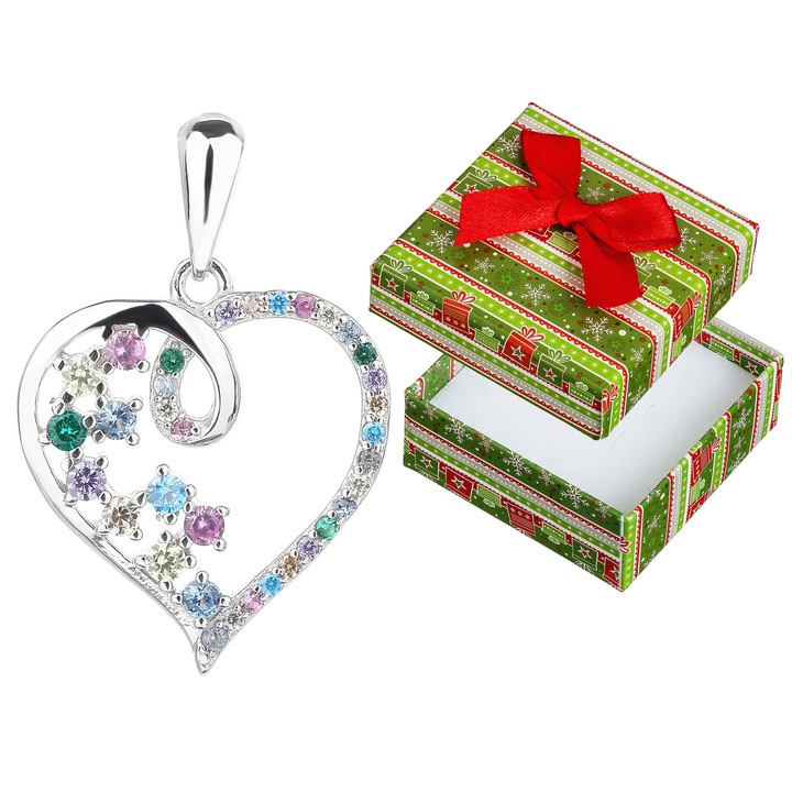 Zabarea din argint in forma de inima cu zirconii, Siju, rodinata, multicolor, 23x16mm, set cu cutie de cadou