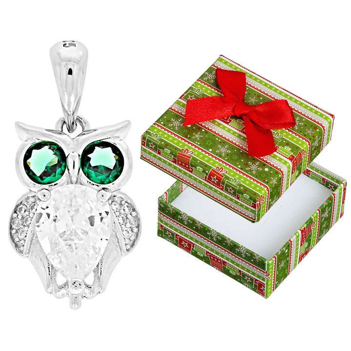 Pandantiv argintiu in forma de bufnita cu zirconii verzi, Siju, 22x11mm, set cu cutie de cadou