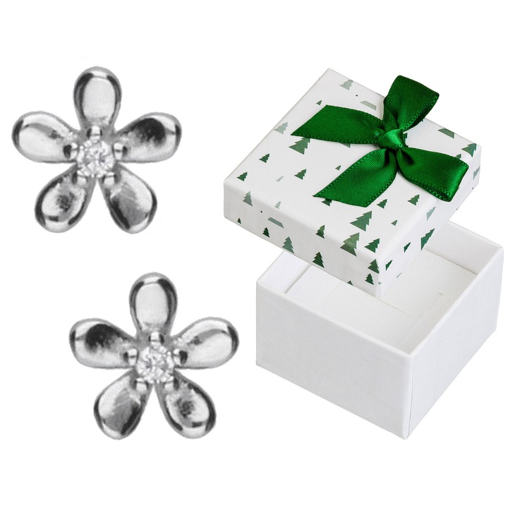 Cercei argintii cu flori si piatra, Siju, rodinati, 7x8mm, set cu cutie cadou