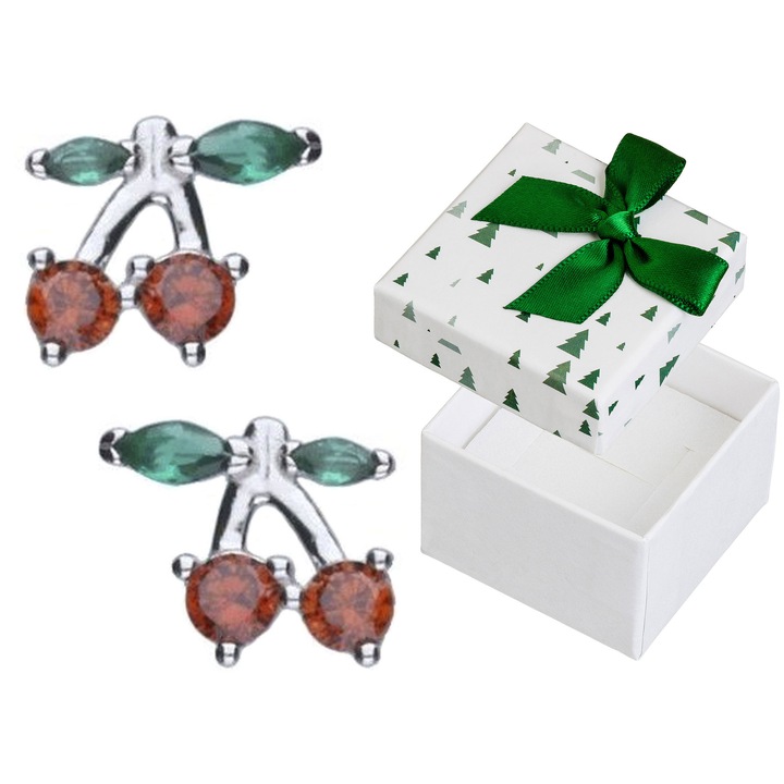 Cercei Siju argintii in forma de cirese cu zirconii rosii si verzi, 8,5x10mm, set cu cutie de cadou