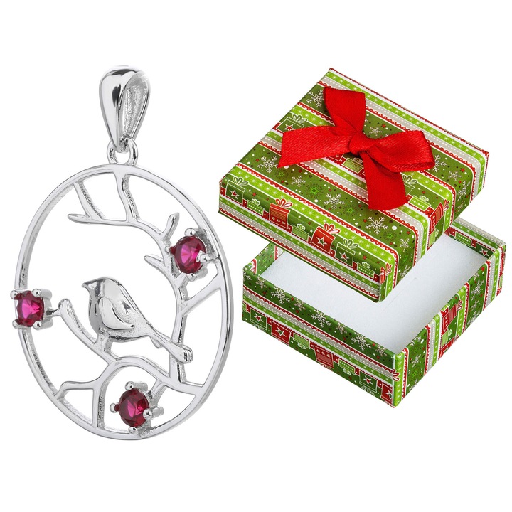 Pandantiv din argint cu pietre roz, Siju, 30x23mm, set cu cutie de cadou