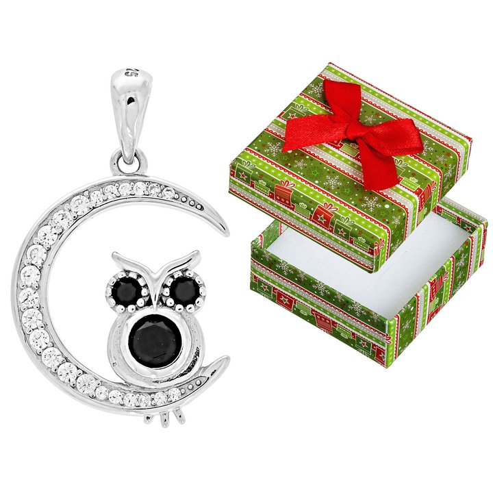 Pandantiv argintie cu motiv de bufnita pe luna, Siju, 26 cristale, 27x16mm, set cu cutie de cadou