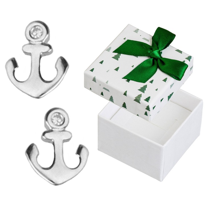 Cercei argintii in forma de ancora cu pietre, Siju, set cu cutie cadou, 7x6mm
