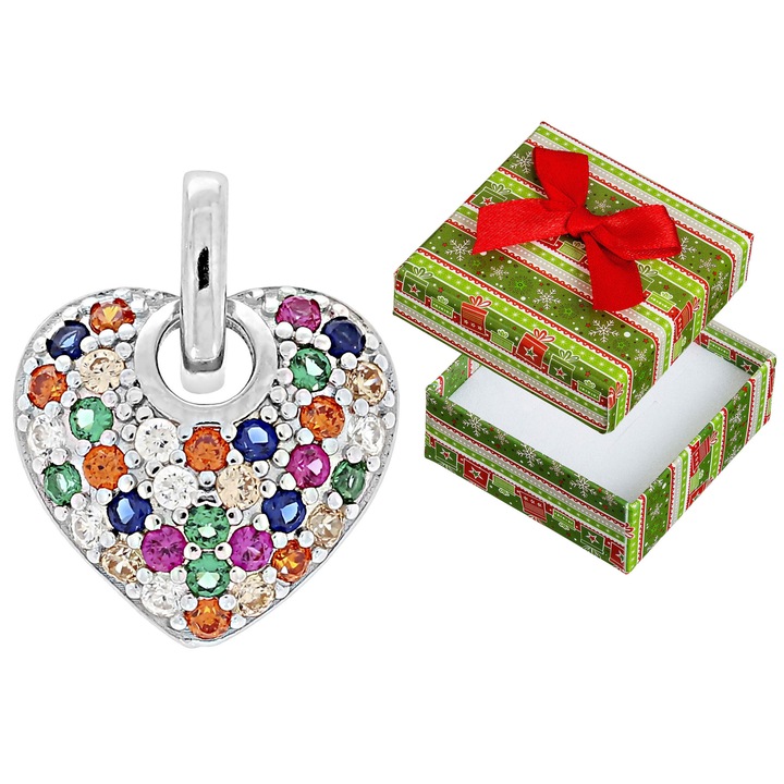 Pandantiv argintiu in forma de inima cu zirconii, set cu cutie de cadou, Siju, 17x13mm