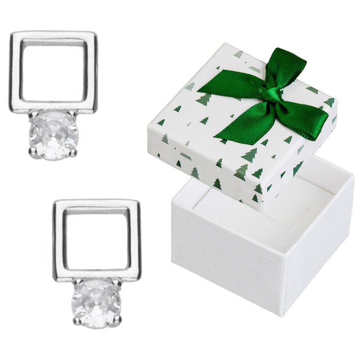 Cercei Siju, model P4K1639, argint 925 rodiat, ciroanii incolore, 10x6,5mm, set cu cutie cadou