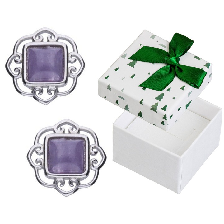 Cercei din argint cu ametist, Siju, 925, 14mm, set cu cutie cadou