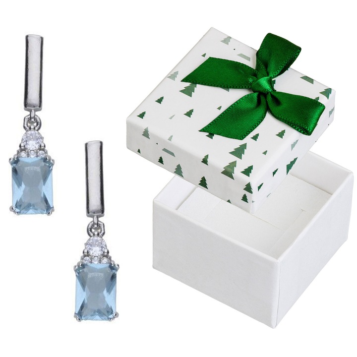 Cercei din argint 925 cu cristale si pietre, set cu cutie cadou, Siju, albastru, 23x6mm