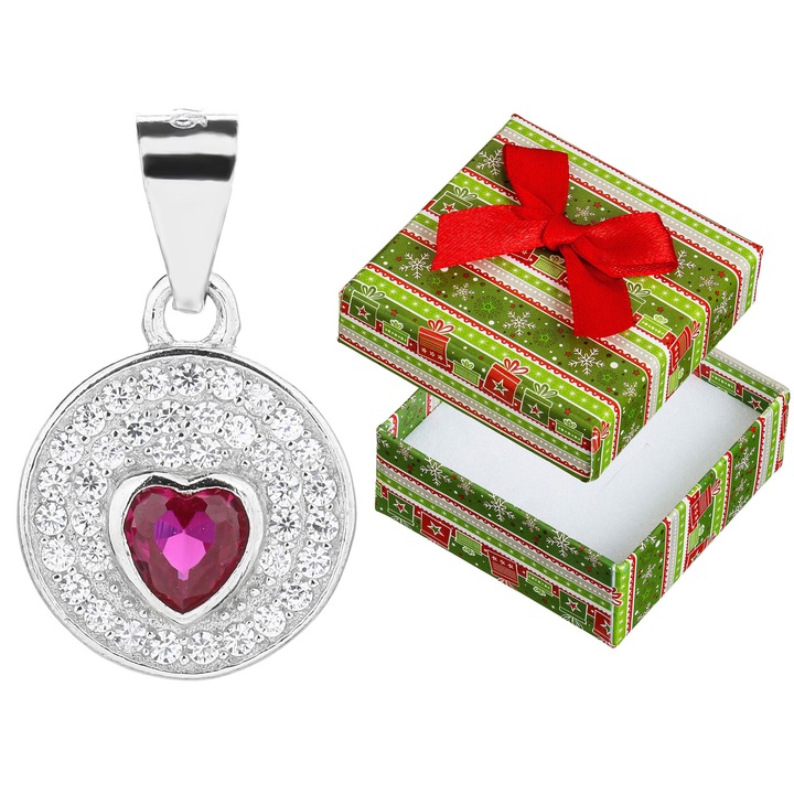 Pandantiv din argint cu inima roz, Siju, 38 pietre, 17x10mm, set cu cutie cadou