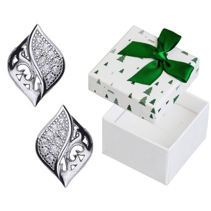 Cercei argintii cu cyrkonii, Siju, model P4K1659, rodinati, 11x8mm, set cu cutie de cadou