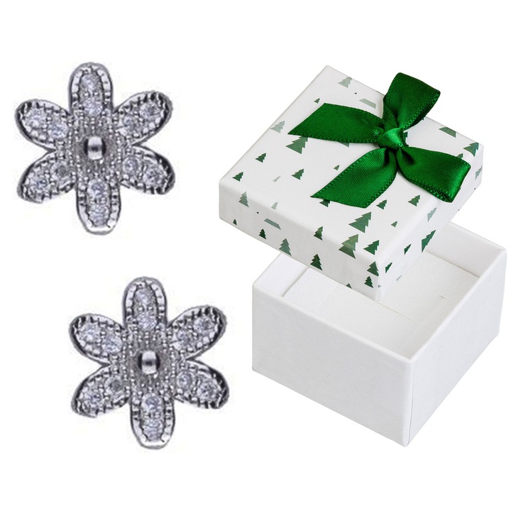 Cercei argintii cu pietre , Siju, flori, 8mm, set cu cutie de cadou