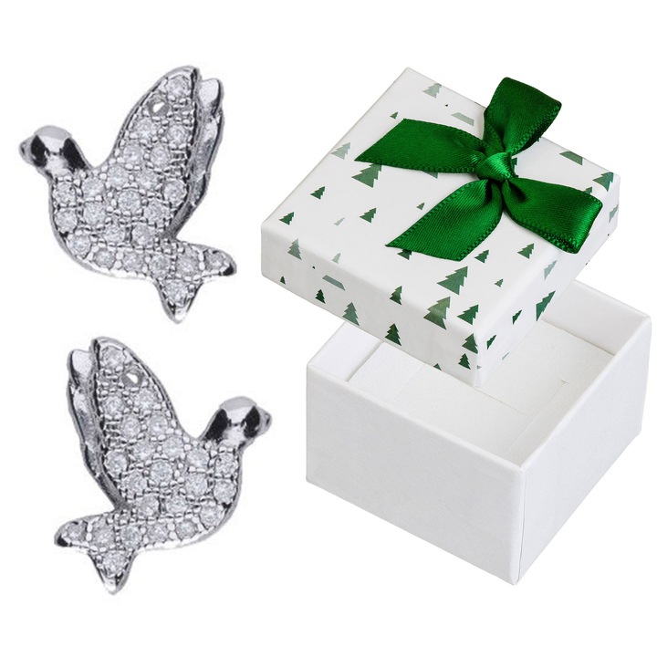 Cercei argintii cu cyrkonii, Siju, forma pasari, rodinati, 11x12mm, set cu cutie cadou