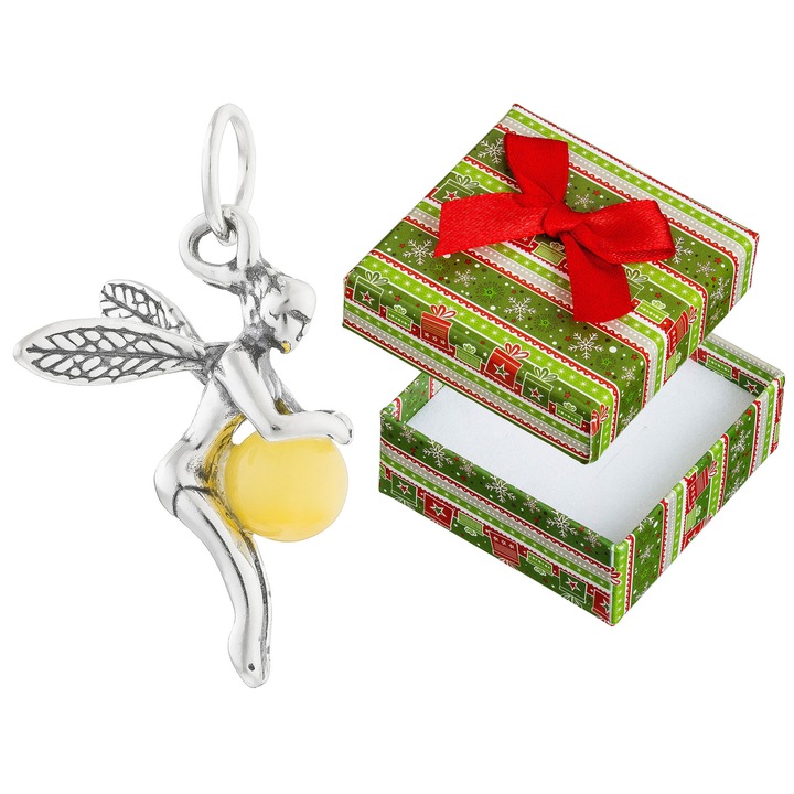 Pandantiv argintiu elf cu chihlimbar galben, 925, 24x14mm, set cu cutie de cadou